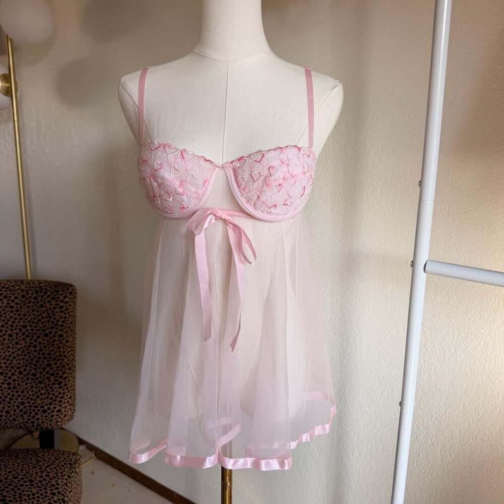 Juliara Heart Embroidered Babydoll Size S Pink Tulle Lingerie